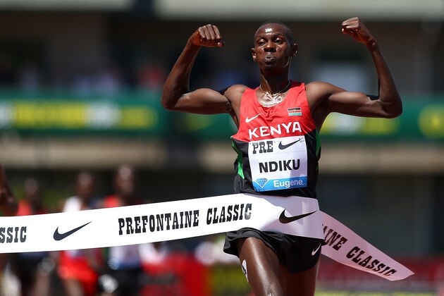 EUGENE, OR - MAY 31:  Caleb Mwangangl Ndiku of Kenya celebrates his victory in the 5000m during day 2 of the IAAF Diamond League Nike Prefontaine Classic on May 31, 2014 at the Hayward Field in Eugene, Oregon.  (Photo by Jonathan Ferrey/Getty Images)