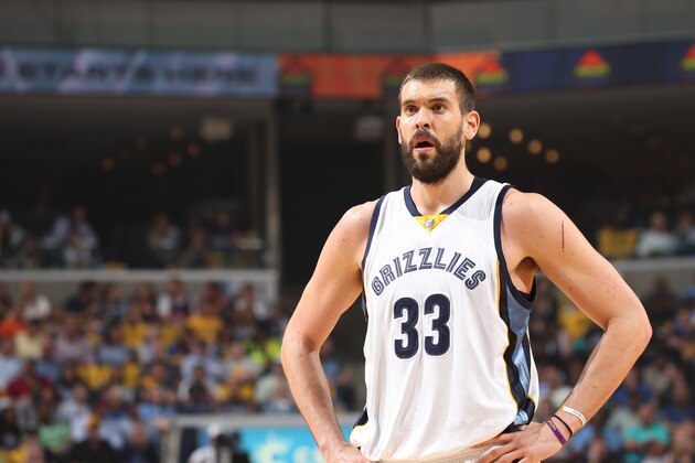 MEMPHIS, TN - MAY 15: Marc Gasol #33 of the Memphis Grizzlies stands on the court during a game against the Golden State Warriors in Game Six of the Western Conference Semifinals of the NBA Playoffs at FedExForum on May 15, 2015 in Memphis, Tennessee. NOTE TO USER: User expressly acknowledges and agrees that, by downloading and or using this photograph, User is consenting to the terms and conditions of the Getty Images License Agreement. Mandatory Copyright Notice: Copyright 2015 NBAE (Photo by Joe Murphy/NBAE via Getty Images)