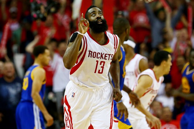 HOUSTON, TX - MAY 25:  James Harden #13 of the Houston Rockets reacts in the third quarter against the Golden State Warriors during Game Four of the Western Conference Finals of the 2015 NBA Playoffs at Toyota Center on May 25, 2015 in Houston, Texas.  NOTE TO USER: User expressly acknowledges and agrees that, by downloading and or using this photograph, user is consenting to the terms and conditions of Getty Images License Agreement.  (Photo by Ronald Martinez/Getty Images)