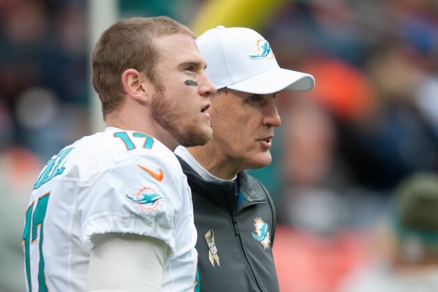 DENVER, CO - NOVEMBER 23:  Head coach Joe Philbin of the Miami Dolphins has a word with quarterback Ryan Tannehill #17 before a game against the Denver Broncos at Sports Authority Field at Mile High on November 23, 2014 in Denver, Colorado.  (Photo by Dustin Bradford/Getty Images)