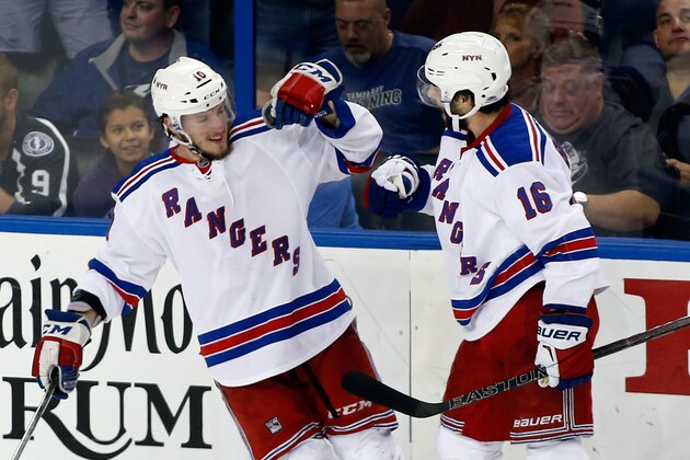 TAMPA, FL - MAY 26:  Derick Brassard #16 of the New York Rangers celebrates with teammate J.T. Miller #10 after scoring a goal against the Tampa Bay Lightning during the third period in Game Six of the Eastern Conference Finals during the 2015 NHL Stanley Cup Playoffs at Amalie Arena on May 26, 2015 in Tampa, Florida.  (Photo by Brian Blanco/Getty Images)