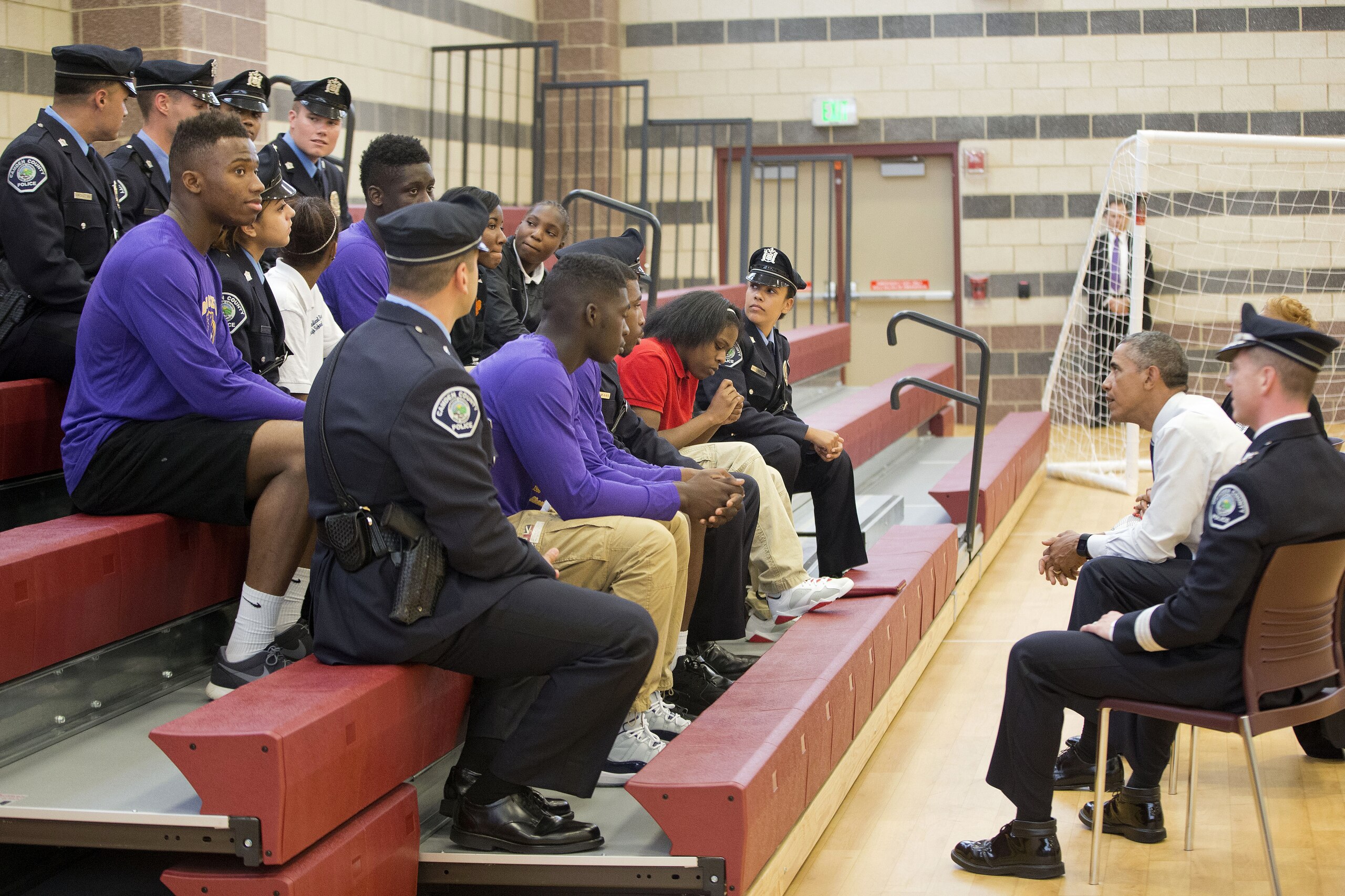 President Barack Obama meets with local law enforcement and young people from the Camden community at the Ray & Joan Kroc Corps Community Center, Monday, May 18, 2015, in Camden, NJ. Obama traveled to Camden, NJ, to announce that he is prohibiting the federal government from providing some military-style equipment to local departments and putting stricter controls on other weapons and gear distributed to law enforcement. (AP Photo/Pablo Martinez Monsivais)