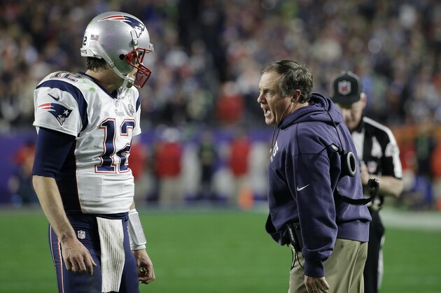 New England Patriots quarterback Tom Brady (12) talks with head coach Bill Belichick during the second half of NFL Super Bowl XLIX football game against the Seattle Seahawks on Sunday, Feb. 1, 2015, in Glendale, Ariz. The Patriots won 28-24. (AP Photo/Kathy Willens)