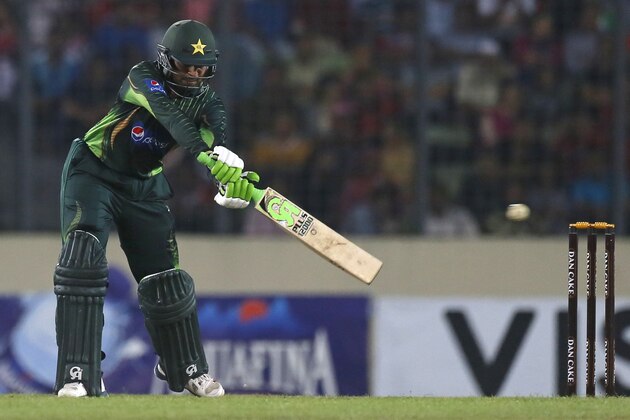 Pakistan’s Haris Sohail plays a shot during the Twenty20 international cricket match against Bangladesh in Dhaka, Bangladesh, Friday, April 24, 2015. (AP Photo/ A.M. Ahad)