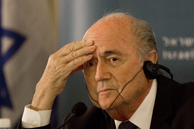 FIFA President  Sepp Blatter attends a press conference in Jerusalem, Tuesday, May 19, 2015. Blatter said Tuesday he is on a “mission of peace” to resolve tensions between the Israeli and Palestinian soccer federations in hopes of staving off a Palestinian bid to oust Israel from the world governing body. (AP Photo/Tsafrir Abayov)