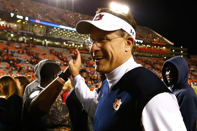 AUBURN, AL - OCTOBER 04:  Head coach Gus Malzahn of the Auburn Tigers celebrates their 41-7 win over the LSU Tigers at Jordan Hare Stadium on October 4, 2014 in Auburn, Alabama.  (Photo by Kevin C. Cox/Getty Images)