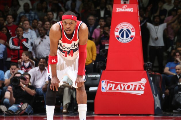 WASHINGTON, DC - MAY 15: Paul Pierce #34 of the Washington Wizards stands on the court during the game against the Atlanta Hawks in Game Six of the Eastern Conference Semifinals of the 2015 NBA Playoffs at the Verizon Center on May 15, 2015 in Washington, DC. NOTE TO USER: User expressly acknowledges and agrees that, by downloading and or using this photograph, User is consenting to the terms and conditions of the Getty Images License Agreement. (Photo by Ned Dishman/NBAE via Getty Images)