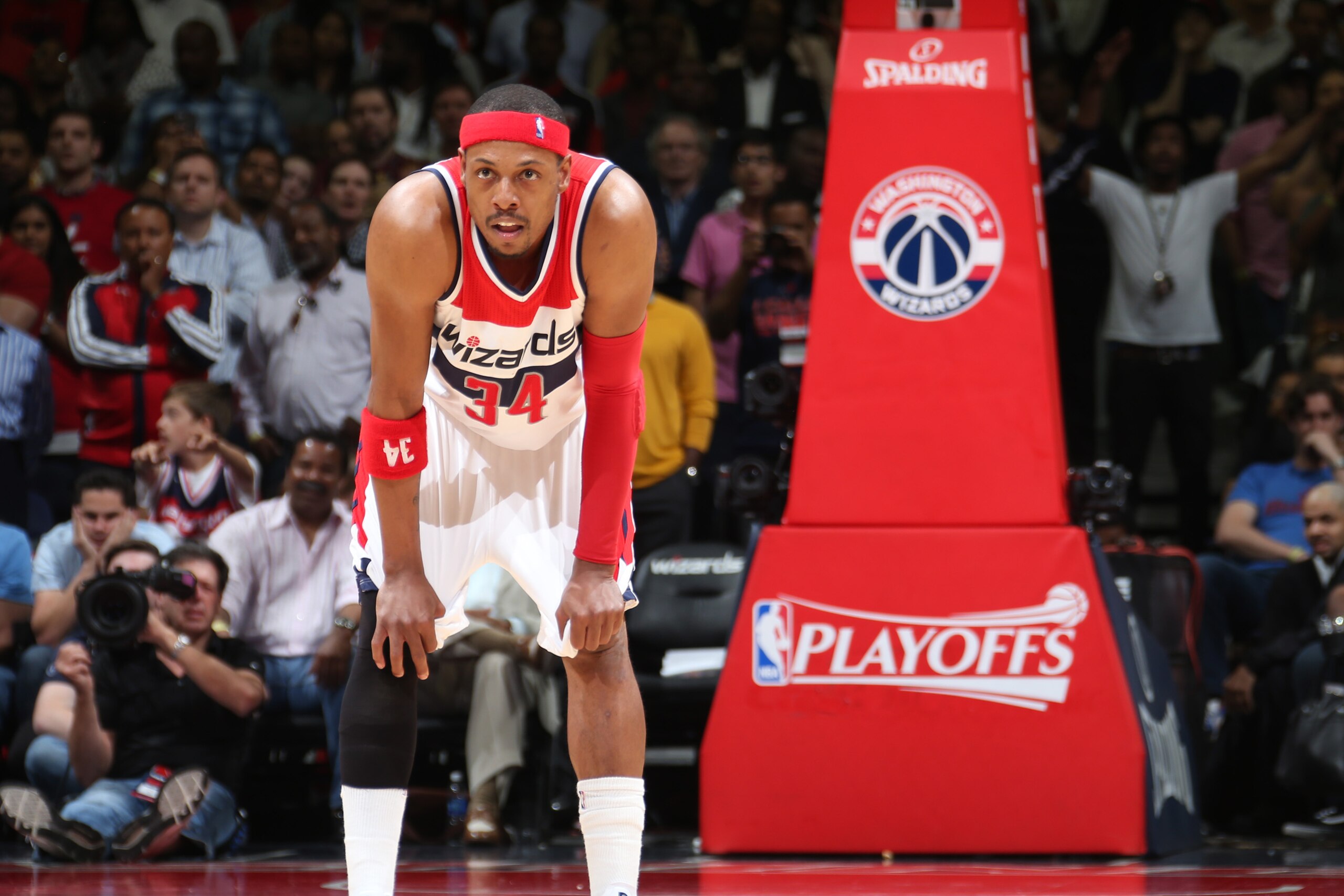 WASHINGTON, DC - MAY 15: Paul Pierce #34 of the Washington Wizards stands on the court during the game against the Atlanta Hawks in Game Six of the Eastern Conference Semifinals of the 2015 NBA Playoffs at the Verizon Center on May 15, 2015 in Washington, DC. NOTE TO USER: User expressly acknowledges and agrees that, by downloading and or using this photograph, User is consenting to the terms and conditions of the Getty Images License Agreement. (Photo by Ned Dishman/NBAE via Getty Images)