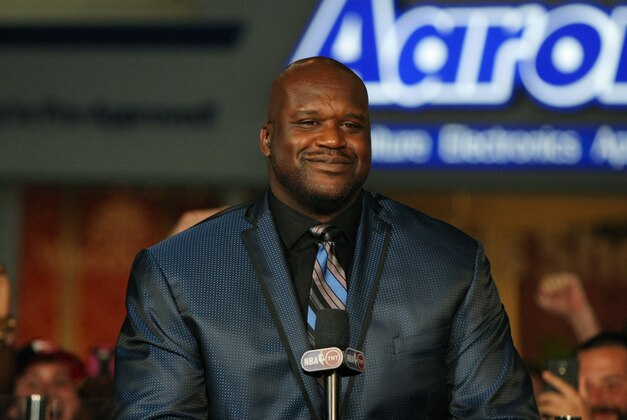 May 20, 2015; Atlanta, GA, USA; Former NBA player and current TNT television personality Shaquille O'Neal prior to game one of the Eastern Conference Finals of the NBA Playoffs between the Atlanta Hawks and the Cleveland Cavaliers at Philips Arena. Mandatory Credit: Brett Davis-USA TODAY Sports