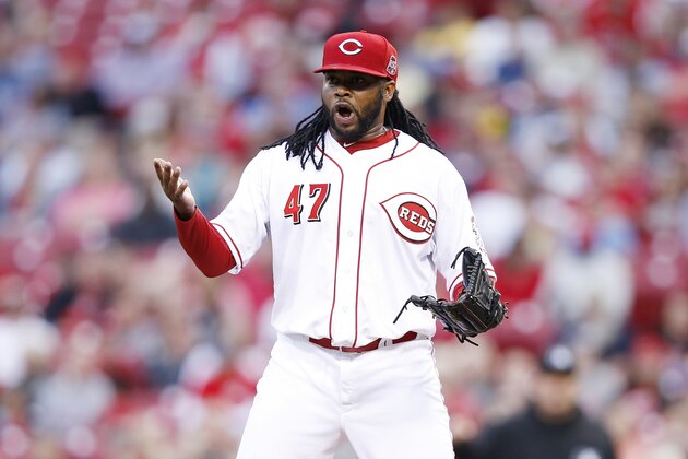 CINCINNATI, OH - MAY 14: Johnny Cueto #47 of the Cincinnati Reds reacts after being called for a balk and allowing a run to score in the third inning of the game against the San Francisco Giants at Great American Ball Park on May 14, 2015 in Cincinnati, Ohio. (Photo by Joe Robbins/Getty Images)