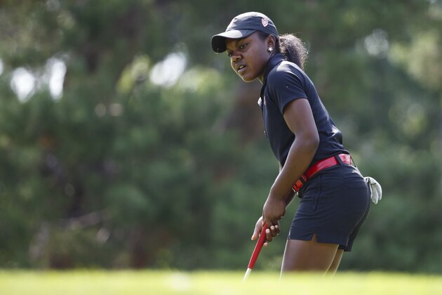 Mariah Stackhouse putts on the first green during the second round of the Marathon Classic LPGA golf tournament at Highland Meadows Golf Club in Sylvania, Ohio, Friday, July 18, 2014. (AP Photo/Rick Osentoski)