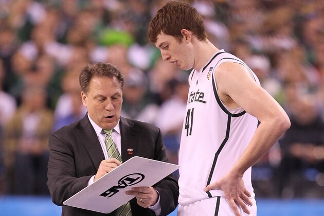 INDIANAPOLIS - APRIL 03:  Head coach Tom Izzo of the Michigan State Spartans talks with Garrick Sherman #41 from the sideline while taking on the Butler Bulldogs during the National Semifinal game of the 2010 NCAA Division I Men's Basketball Championship on April 3, 2010 in Indianapolis, Indiana.  (Photo by Andy Lyons/Getty Images)