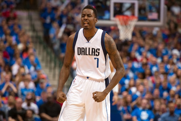 Apr 26, 2015; Dallas, TX, USA; Dallas Mavericks forward Al-Farouq Aminu (7) celebrates during the game against the Houston Rockets in game four of the first round of the NBA Playoffs. at American Airlines Center. Mandatory Credit: Jerome Miron-USA TODAY Sports