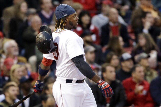 Boston Red Sox's Hanley Ramirez watches  his two-run homer in the third inning of a baseball game against the Toronto Blue Jays at Fenway Park in Boston, Wednesday, April 29, 2015. (AP Photo/Elise Amendola)