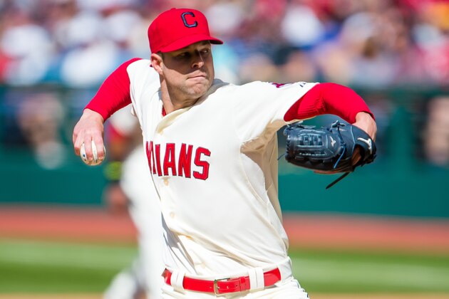 CLEVELAND, OH -  MAY 23: Starting pitcher Corey Kluber #28 of the Cleveland Indians pitches during the first inning against the Cincinnati Reds at Progressive Field on May 23, 2015 in Cleveland, Ohio. (Photo by Jason Miller/Getty Images)