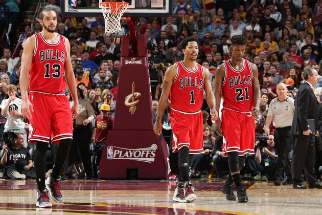 CLEVELAND, OH - MAY 12: Joakim Noah #13 Derrick Rose #1 and Jimmy Butler #21 of the Chicago Bulls during the game against the Cleveland Cavaliers in Game Five of the Eastern Conference Semifinals of the NBA Playoffs at The Quicken Loans Arena on May 12, 2015 in Cleveland, Ohio. NOTE TO USER: User expressly acknowledges and agrees that, by downloading and/or using this Photograph, user is consenting to the terms and conditions of the Getty Images License Agreement. Mandatory Copyright Notice: Copyright 2015 NBAE (Photo by Nathaniel S. Butler/NBAE via Getty Images)