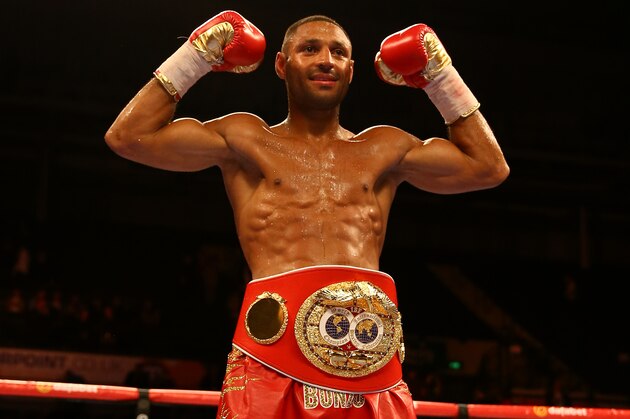 SHEFFIELD, ENGLAND - MARCH 28:  Kell Brook celebrates after beating Jo Jo Dan during their IBF World Welterweight Title Fight at the Motorpoint Arena on March 28, 2015 in Sheffield, England.  (Photo by Richard Heathcote/Getty Images)