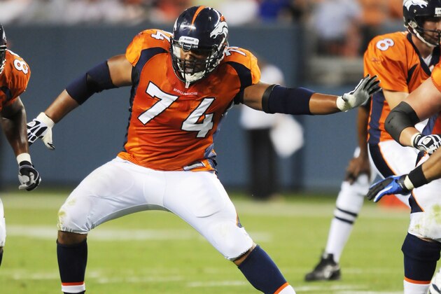 Denver Broncos offensive tackle Ryan Harris blocks during the first half of a preseason NFL football against the Detroit Lions game Saturday, Aug. 21, 2010,  in Denver. (AP Photo/Jack Dempsey)