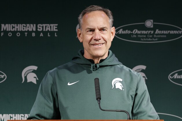 Michigan State head coach Mark Dantonio talks about his team following an NCAA college football spring game scrimmage, Saturday, April 25, 2015, in East Lansing, Mich. (AP Photo/Al Goldis)