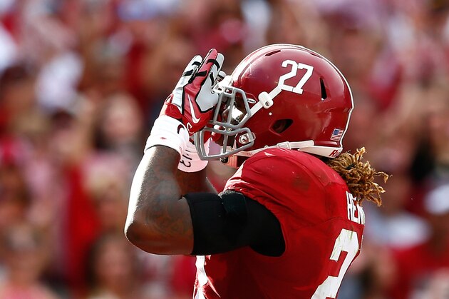 TUSCALOOSA, AL - OCTOBER 18:  Derrick Henry #27 of the Alabama Crimson Tide reacts after scoring a touchdown against the Texas A&M Aggies at Bryant-Denny Stadium on October 18, 2014 in Tuscaloosa, Alabama.  (Photo by Kevin C. Cox/Getty Images)