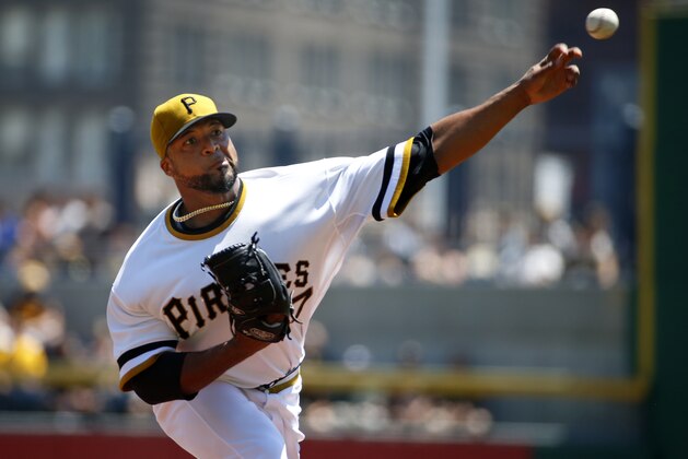 Pittsburgh Pirates starting pitcher Francisco Liriano (47) delivers during the first inning of a baseball game against the New York Mets in Pittsburgh, Sunday, May 24, 2015. Liriano had 12 strike outs in the Pirates 9-1. (AP Photo/Gene J. Puskar)