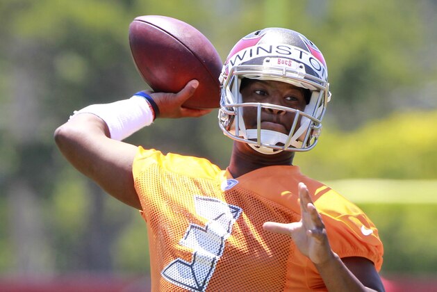 May 8, 2015; Tampa, FL, USA; Tampa Bay Buccaneers quarterback Jameis Winston (3) works out for rookie mini camp at One Buc Place. Mandatory Credit: Kim Klement-USA TODAY Sports
