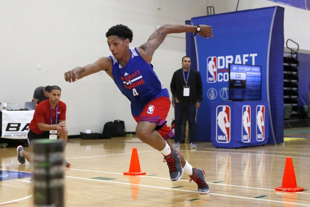 Murray State's Cameron Payne participates in the NBA basketball combine Thursday, May 14, 2015, in Chicago. (AP Photo/Charles Rex Arbogast)