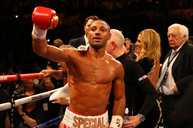 SHEFFIELD, ENGLAND - MARCH 28:  Kell Brook celebrates after beating Jo Jo Dan during their IBF World Welterweight Title Fight at the Motorpoint Arena on March 28, 2015 in Sheffield, England.  (Photo by Richard Heathcote/Getty Images)