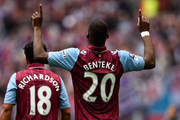 LONDON, ENGLAND - APRIL 19:  Christian Benteke of Aston Villa celebrates scoring their first goal during the FA Cup Semi Final between Aston Villa and Liverpool at Wembley Stadium on April 19, 2015 in London, England.  (Photo by Mike Hewitt/Getty Images)