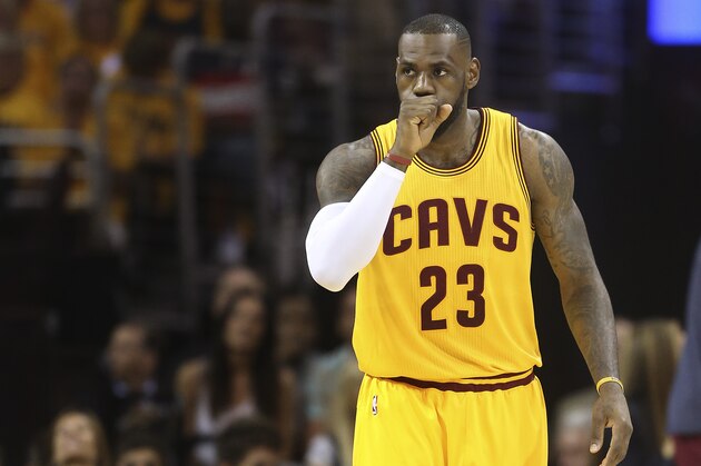 Cleveland Cavaliers forward LeBron James (23) prepares to play against the Atlanta Hawks in the first quarter of Game 4 of the NBA basketball Eastern Conference Finals, Tuesday, May 26, 2015, in Cleveland. (AP Photo/Ron Schwane)