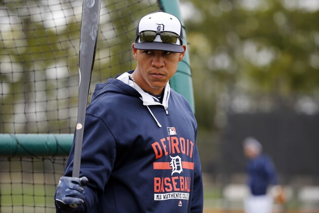 Detroit Tigers's Steven Moya waits his turn to face live pitching during a baseball spring training workout in Lakeland, Fla., Friday, Feb. 27, 2015.  (AP Photo/Gene J. Puskar)