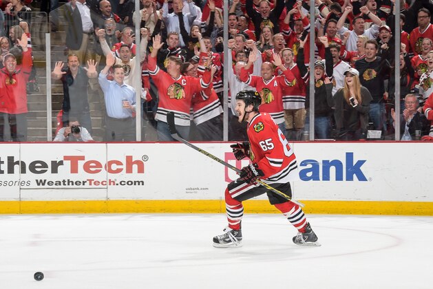 CHICAGO, IL - MAY 27:  Andrew Shaw #65 of the Chicago Blackhawks reacts after scoring an empty-net goal against the Anaheim Ducks in the third period in Game Six of the Western Conference Finals during the 2015 NHL Stanley Cup Playoffs at the at United Center on May 27, 2015 in Chicago, Illinois.  (Photo by Bill Smith/NHLI via Getty Images)
