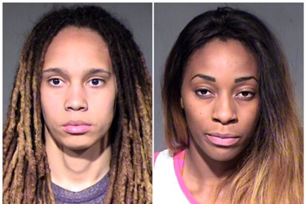 FILE - This combo of booking photos released by the Maricopa County Sheriff's Office, show WNBA players Brittney Griner, left, and Glory Johnson following their arrest on April 22, 2015. The WNBA has suspended  Griner and Johnson seven games each because of their domestic violence arrest last month. The league on Friday, May 15, 2015, cited the integrity of the game in handing down the punishment. (Maricopa County Sheriff's Office via AP, File)