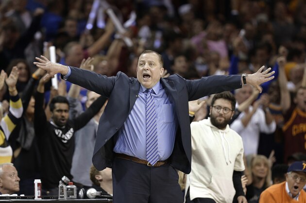 Chicago Bulls coach Tom Thibodeau reacts during the first half of Game 5 against the Cleveland Cavaliers in a second-round NBA basketball playoff series Tuesday, May 12, 2015, in Cleveland. (AP Photo/Tony Dejak)