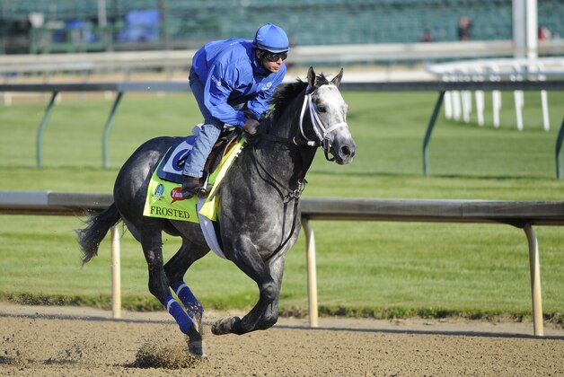 Apr 29, 2015; Louisville, KY, USA; Exercise rider Rob Massey works out Kentucky Derby hopeful Frosted trained by Kiaran McLaughlin at Churchill Downs. Mandatory Credit: Jamie Rhodes-USA TODAY Sports Apr 29, 2015; Louisville, KY, USA; Exercise rider Rob Massey works out Kentucky Derby hopeful Frosted trained by Kiaran McLaughlin at Churchill Downs. Mandatory Credit: Jamie Rhodes-USA TODAY Sports