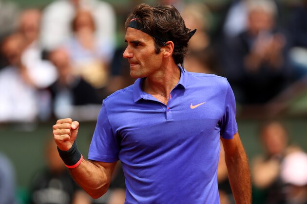 PARIS, FRANCE - MAY 29:  Roger Federer of Switzerland celebrates a point in his Men's Singles match against Damir Dzumhur of Bosnia and Herzegovina on day six of the 2015 French Open at Roland Garros on May 29, 2015 in Paris, France.  (Photo by Clive Brunskill/Getty Images)