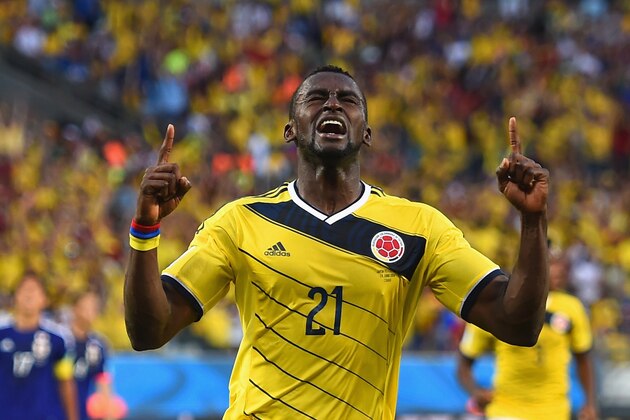 CUIABA, BRAZIL - JUNE 24:  Jackson Martinez of Colombia celebrates scoring his team's second goal during the 2014 FIFA World Cup Brazil Group C match between Japan and Colombia at Arena Pantanal on June 24, 2014 in Cuiaba, Brazil.  (Photo by Christopher Lee/Getty Images)