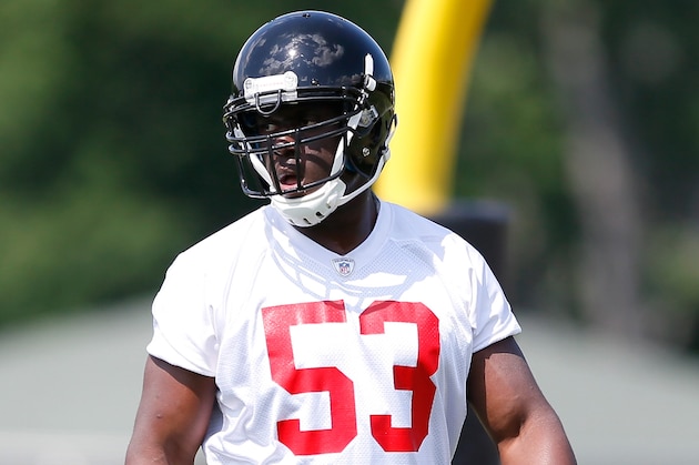 FLOWERY BRANCH, GA - MAY 16:  Rookie linebacker Prince Shembo #53 of the Atlanta Falcons runs drills during rookie minicamp at the Atlanta Falcons Training Facility on May 16, 2014 in Flowery Branch, Georgia.  (Photo by Kevin C. Cox/Getty Images)