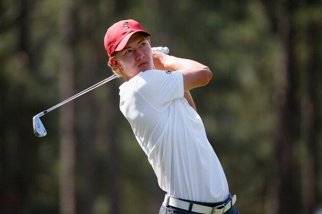PINEHURST, NC - JUNE 12:  Amateur Maverick McNealy of the United States hits his tee shot on the 15th hole during the first round of the 114th U.S. Open at Pinehurst Resort & Country Club, Course No. 2 on June 12, 2014 in Pinehurst, North Carolina.  (Photo by Sam Greenwood/Getty Images)