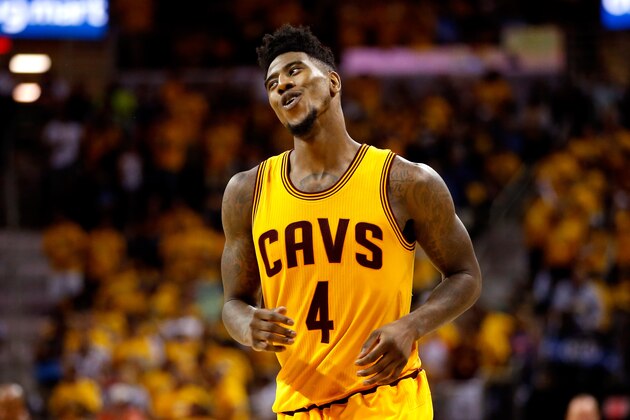 CLEVELAND, OH - MAY 26: Iman Shumpert #4 of the Cleveland Cavaliers reacts after a play in the fourth quarter against the Atlanta Hawks during Game Four of the Eastern Conference Finals of the 2015 NBA Playoffs at Quicken Loans Arena on May 26, 2015 in Cleveland, Ohio. NOTE TO USER: User expressly acknowledges and agrees that, by downloading and or using this Photograph, user is consenting to the terms and conditions of the Getty Images License Agreement.  (Photo by Gregory Shamus/Getty Images)