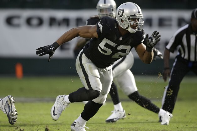 Oakland Raiders outside linebacker Khalil Mack (52) against the Buffalo Bills during the second quarter of an NFL football game in Oakland, Calif., Sunday, Dec. 21, 2014. (AP Photo/Marcio Jose Sanchez)