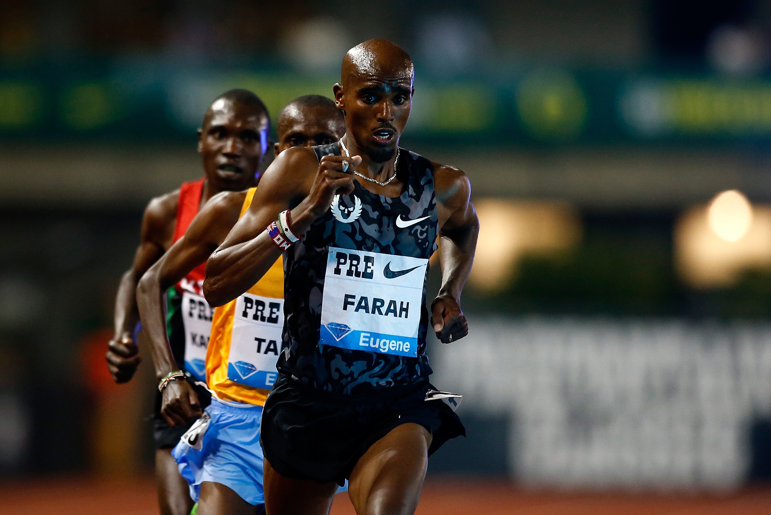 EUGENE, OR - MAY 29:  Mo Farah of Great Britain leads the pack during the 10,000m during Day 1 of the IAAF Diamond League Prefontaine Classic at Hayward Field on May 29, 2015 in Eugene, Oregon.  (Photo by Jonathan Ferrey/Getty Images)