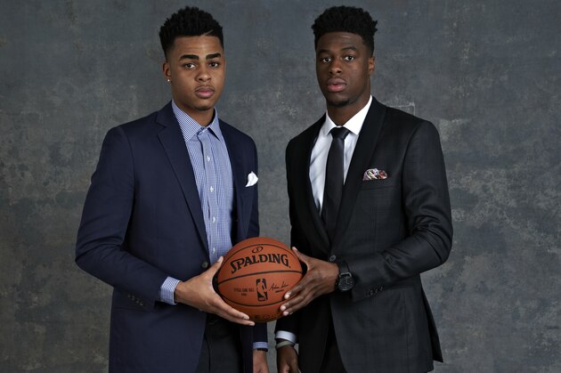 NEW YORK - MAY 19: Draft Prospect D'Angelo Russell and Emmanuel Mudiay poses for some portraits prior to the 2015 NBA Draft Lottery on May 19, 2015 at the NBA Headquarters in New York City.  NOTE TO USER: User expressly acknowledges and agrees that, by downloading and/or using this photograph, user is consenting to the terms and conditions of the Getty Images License Agreement. Mandatory Copyright Notice: Copyright 2015 NBAE (Photo by Jennifer Pottheiser/NBAE via Getty Images)