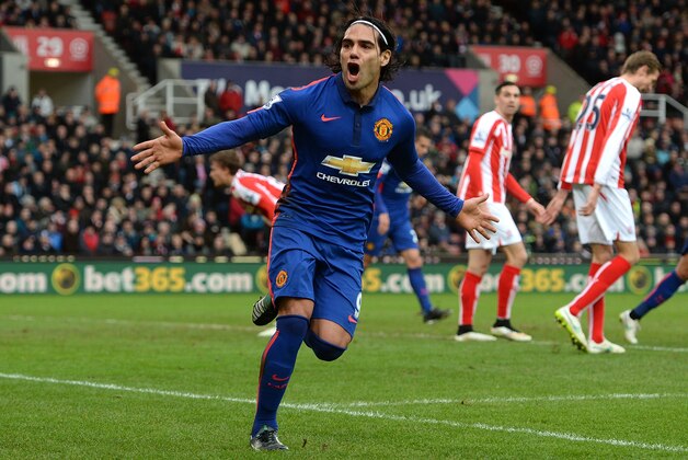 STOKE ON TRENT, ENGLAND - JANUARY 01:  Radamel Falcao of Manchester United  celebrates scoring his team's first goal during the Barclays Premier League match between Stoke City and Manchester United at Britannia Stadium on January 1, 2015 in Stoke on Trent, England.  (Photo by Gareth Copley/Getty Images)