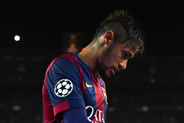 BARCELONA, SPAIN - MARCH 18:  Neymar of FC Barcelona looks down during the UEFA Champions League round of 16 second leg match between FC Barcelona and Manchester City at the Camp Nou stadium on March 18, 2015 in Barcelona, Spain.  (Photo by David Ramos/Getty Images)