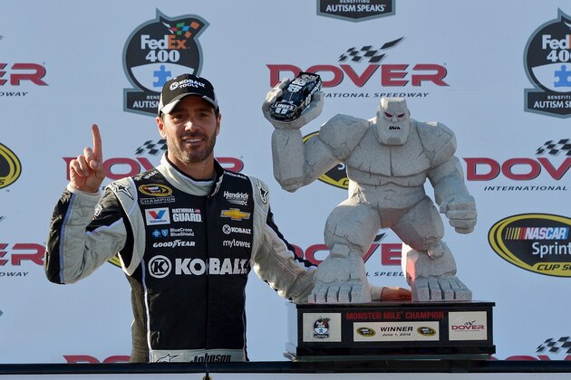 DOVER, DE - JUNE 01:  Jimmie Johnson, driver of the #48 Lowe's/Kobalt Tools Chevrolet, celebrates in victory lane after winning the NASCAR Sprint Cup Series FedEx 400 Benefiting Autism Speaks at Dover International Speedway on June 1, 2014 in Dover, Delaware.  (Photo by Drew Hallowell/Getty Images)