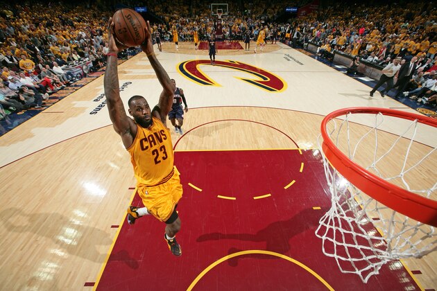 CLEVELAND, OH - MAY 24:  LeBron James #23 of the Cleveland Cavaliers goes up for a dunk against the Atlanta Hawks in Game Three of the Eastern Conference Finals during the 2015 NBA Playoffs on May 24, 2015 at Quicken Loans Arena in Cleveland, Ohio.  NOTE TO USER: User expressly acknowledges and agrees that, by downloading and or using this Photograph, user is consenting to the terms and conditions of the Getty Images License Agreement. Mandatory Copyright Notice: Copyright 2015 NBAE (Photo by Nathaniel S. Butler/NBAE via Getty Images)