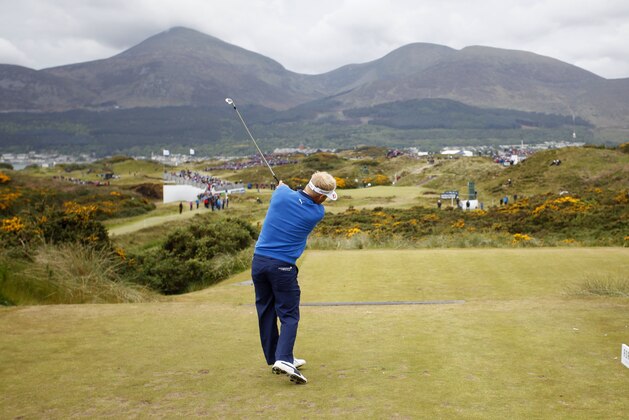 Denmark's Soren Kjeldsen tees off on hole 4 during round three of the Irish Open Golf Championship at Royal County Down, Newcastle, Northern Ireland, Saturday, May 30, 2015.  (AP Photo/Peter Morrison)