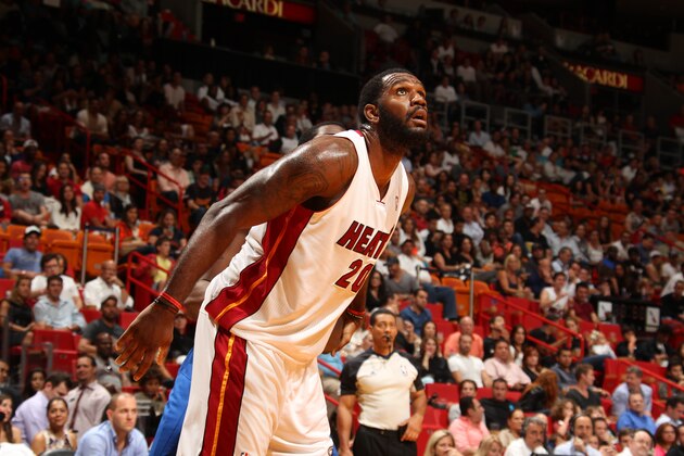 MIAMI, FL - April 16: Greg Oden #20 of the Miami Heat boxes out against the Philadelphia 76ers at the American Airlines Arena in Miami, Florida on April 16, 2014. NOTE TO USER: User expressly acknowledges and agrees that, by downloading and/or using this photograph, user is consenting to the terms and conditions of the Getty Images License Agreement. Mandatory copyright notice: Copyright NBAE 2014 (Photo by Issac Baldizon/NBAE via Getty Images)