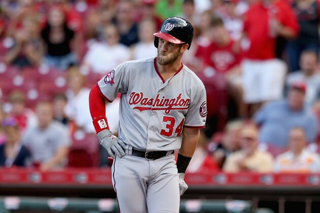 CINCINNATI, OH - MAY 29:  Bryce Harper #34 of the Washington Nationals stands at home plate after striking out in the 1st inning during the game against the Cincinnati Reds at Great American Ball Park on May 29, 2015 in Cincinnati, Ohio.  (Photo by Andy Lyons/Getty Images)